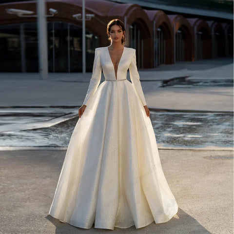 Ivory V Neck Full Sleeve Wedding Dresses Empire Stretch Satin Prom Gowns Zipper Back Summer New Luxury Vestidos De Novia