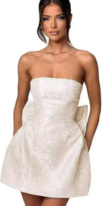 Robe de bal courte bustier sans manches en satin jacquard à lacets avec nœud