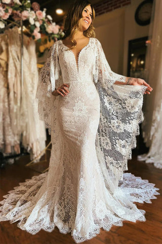 Vestido de novia bohemio de sirena con escote pronunciado y mangas tipo murciélago color marfil WD740