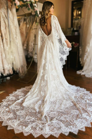 Vestido de novia bohemio de sirena con escote pronunciado y mangas tipo murciélago color marfil WD740