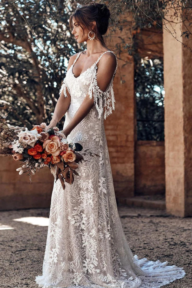 Robe de mariée bohème ivoire dos nu à encolure ronde, modèle WD676