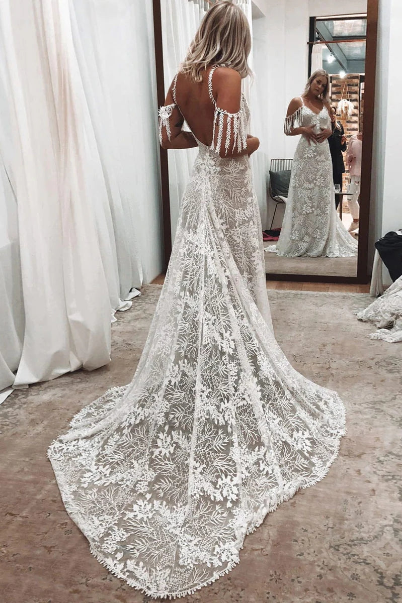 Robe de mariée bohème ivoire dos nu à encolure ronde, modèle WD676