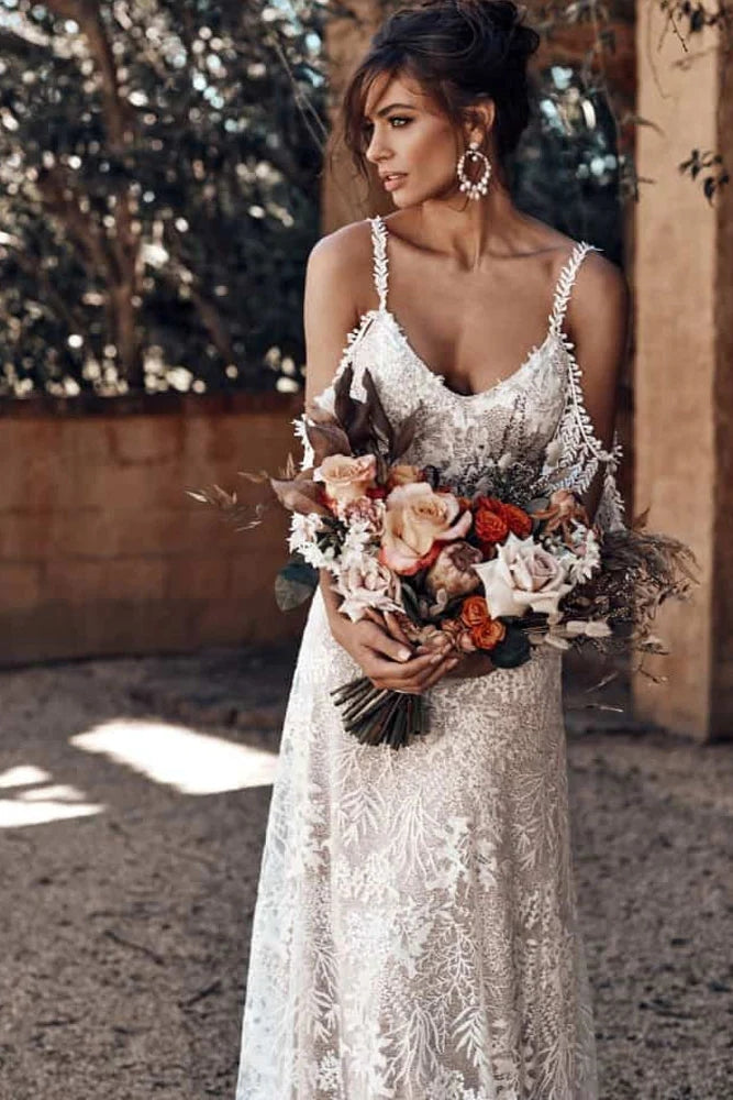 Robe de mariée bohème ivoire dos nu à encolure ronde, modèle WD676