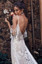 Robe de mariée bohème ivoire dos nu à encolure ronde, modèle WD676