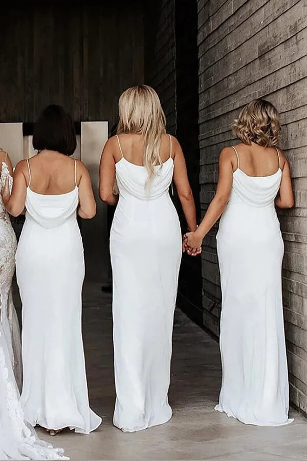 Chiffon Sheath Cowl Neck Spaghetti Straps Bridesmaid Dresses