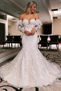 Vestido de novia corte sirena floral color marfil con mangas desmontables WD723
