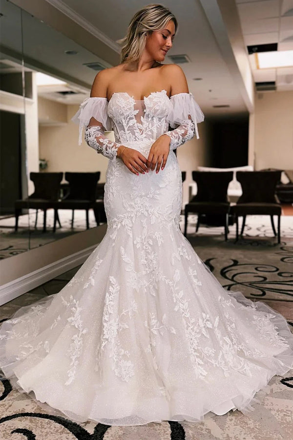 Vestido de novia corte sirena floral color marfil con mangas desmontables WD723