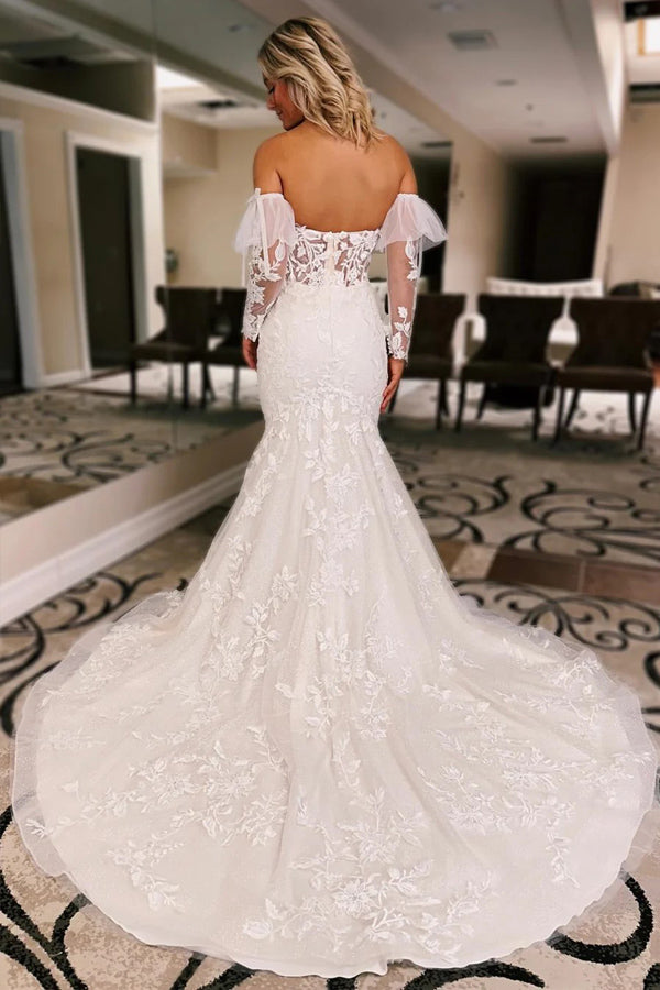 Vestido de novia corte sirena floral color marfil con mangas desmontables WD723