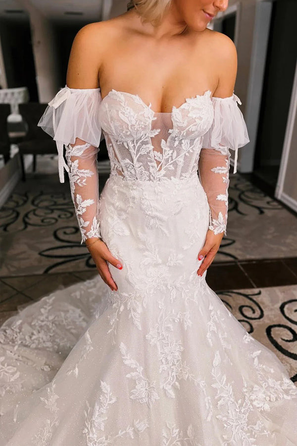 Vestido de novia corte sirena floral color marfil con mangas desmontables WD723