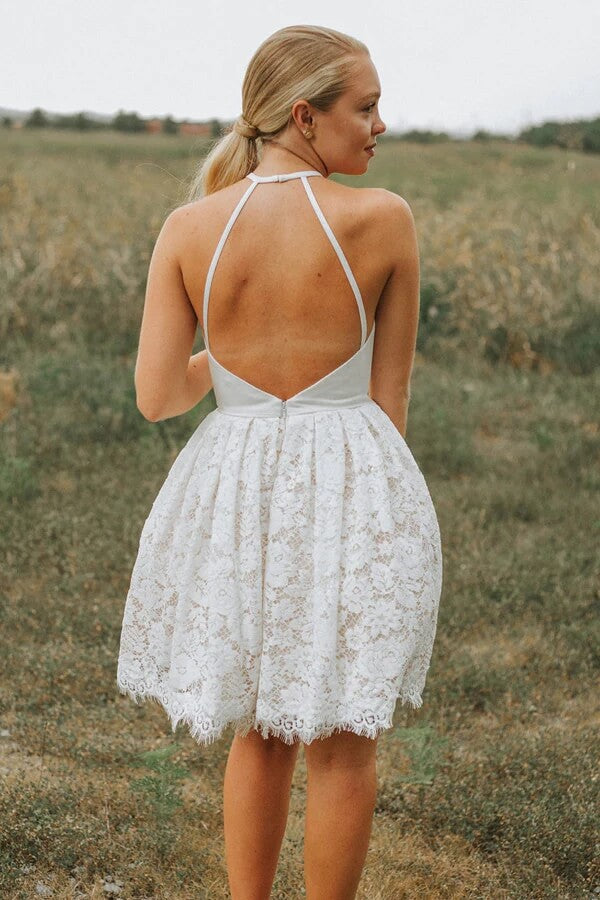 Vestidos cortos de fiesta con escote halter y espalda descubierta, corte en A, de encaje, estilo línea A.