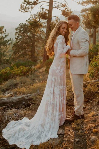 Vestido de novia rústico color marfil de manga larga, sin espalda, estilo tubo, para boda en la playa WD384