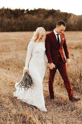 Vestido de novia rústico color marfil de manga larga, sin espalda, estilo tubo, para boda en la playa WD384