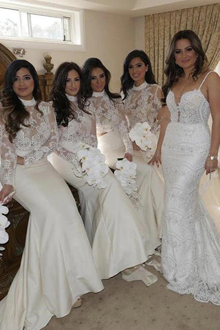 Mermaid Satin High Neck Long Sleeves Bridesmaid Dress With Lace