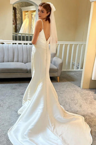 Vestido de novia corte sirena, sin espalda, con tirantes finos color marfil WD722