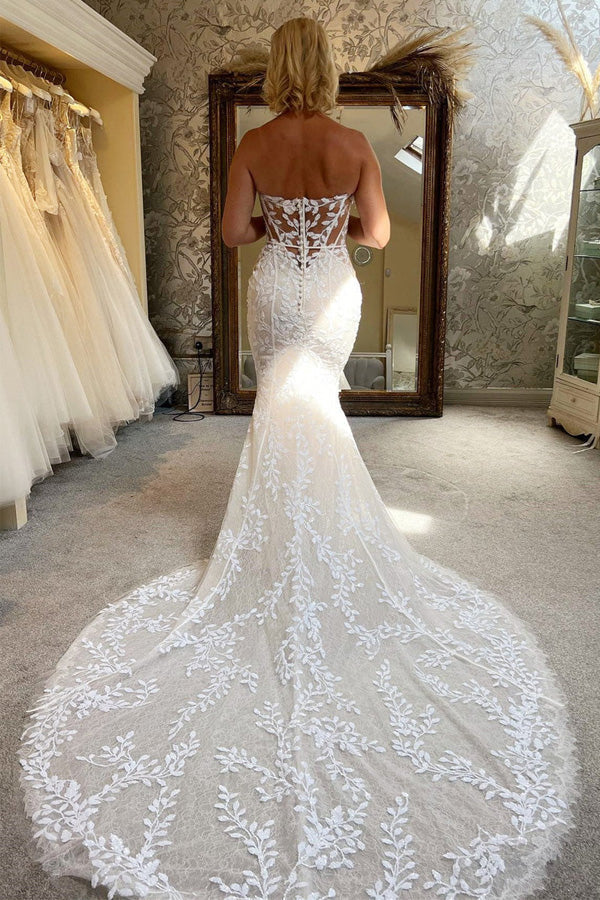 Vestido de novia de sirena sin tirantes de encaje color marfil, vestido de novia de encaje WD707