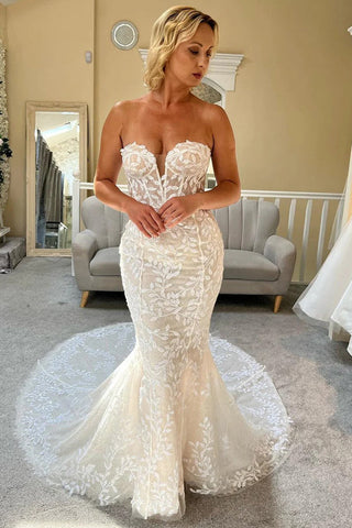 Vestido de novia de sirena sin tirantes de encaje color marfil, vestido de novia de encaje WD707