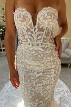 Vestido de novia de sirena sin tirantes de encaje color marfil, vestido de novia de encaje WD707