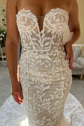 Vestido de novia de sirena sin tirantes de encaje color marfil, vestido de novia de encaje WD707