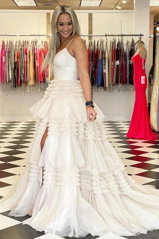 Tulle Ball Gown Spaghetti Straps Split Prom Dresses, Evening Gown