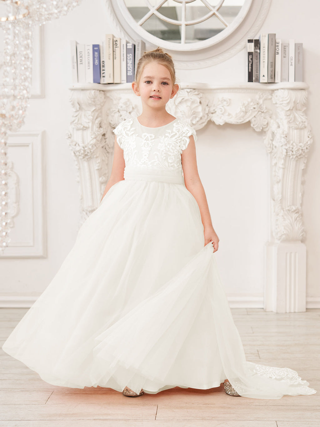 Vestido rosa de niña de las flores, corte en A, encaje, tul y cola corta 