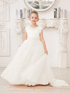 Vestido rosa de niña de las flores, corte en A, encaje, tul y cola corta 
