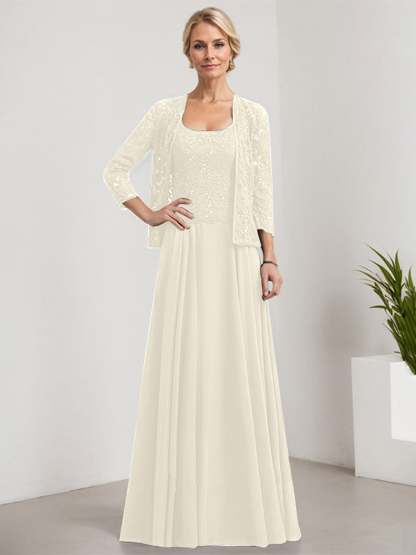Vestido de corte A, cuadrado, largo hasta el suelo, de encaje y gasa con lentejuelas para la madre de la novia 