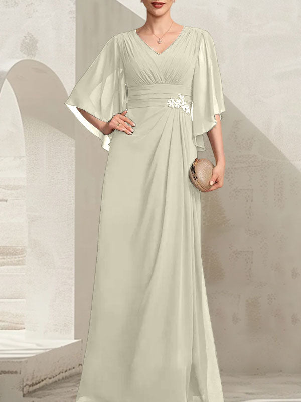 Vestido de corte recto/columna, escote en V, largo hasta el suelo, de gasa, para la madre de la novia, con lentejuelas plisadas y pedrería.