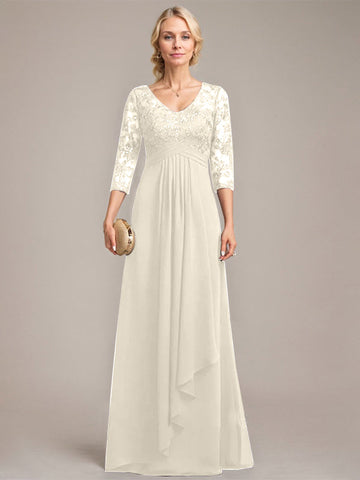 A-line V-Neck Floor-Length Lace Chiffon Mother of the Bride Dress With Cascading Ruffles Sequins
