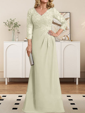 Sheath/Column V-Neck Illusion Floor-Length Lace Chiffon Mother of the Bride Dress With Pleated Sequins