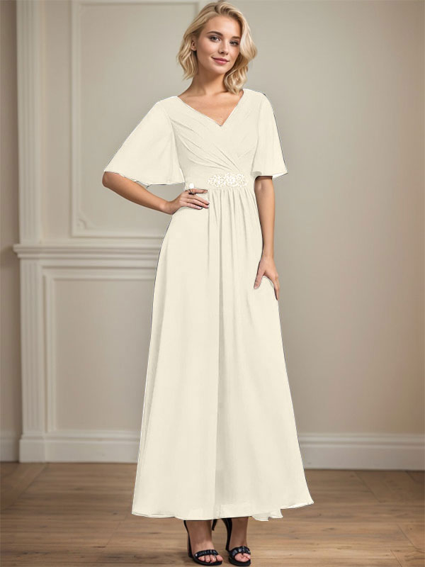Robe de mère de la mariée en mousseline de soie, coupe trapèze, col en V, longueur cheville, ornée de sequins et de perles plissées
