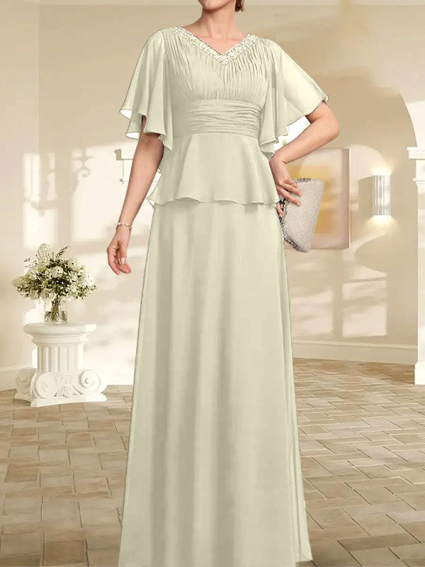 Vestido de gasa de corte A, escote en V, largo hasta el suelo, para la madre de la novia, con plisados ​​y cuentas.