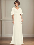 Vestido de corte A, escote en V, largo hasta el suelo, de gasa, para la madre de la novia, con apliques de lentejuelas plisadas y encaje.