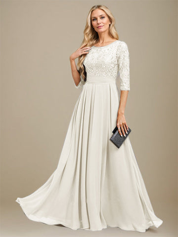 A-Line Scoop Floor-Length Lace Chiffon Mother Of the Bride Dress With Sequins Applique