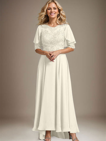 A-line Scoop Illusion Asymmetrical Chiffon Lace Mother of the Bride Dress With Beading