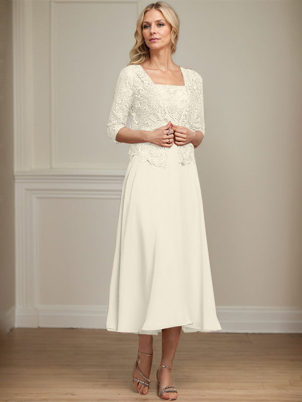 Vestido de corte A, largo midi, de gasa, encaje y lentejuelas para la madre de la novia. 