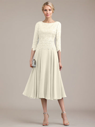 A-line Scoop Tea-Length Lace Chiffon Mother of the Bride Dress