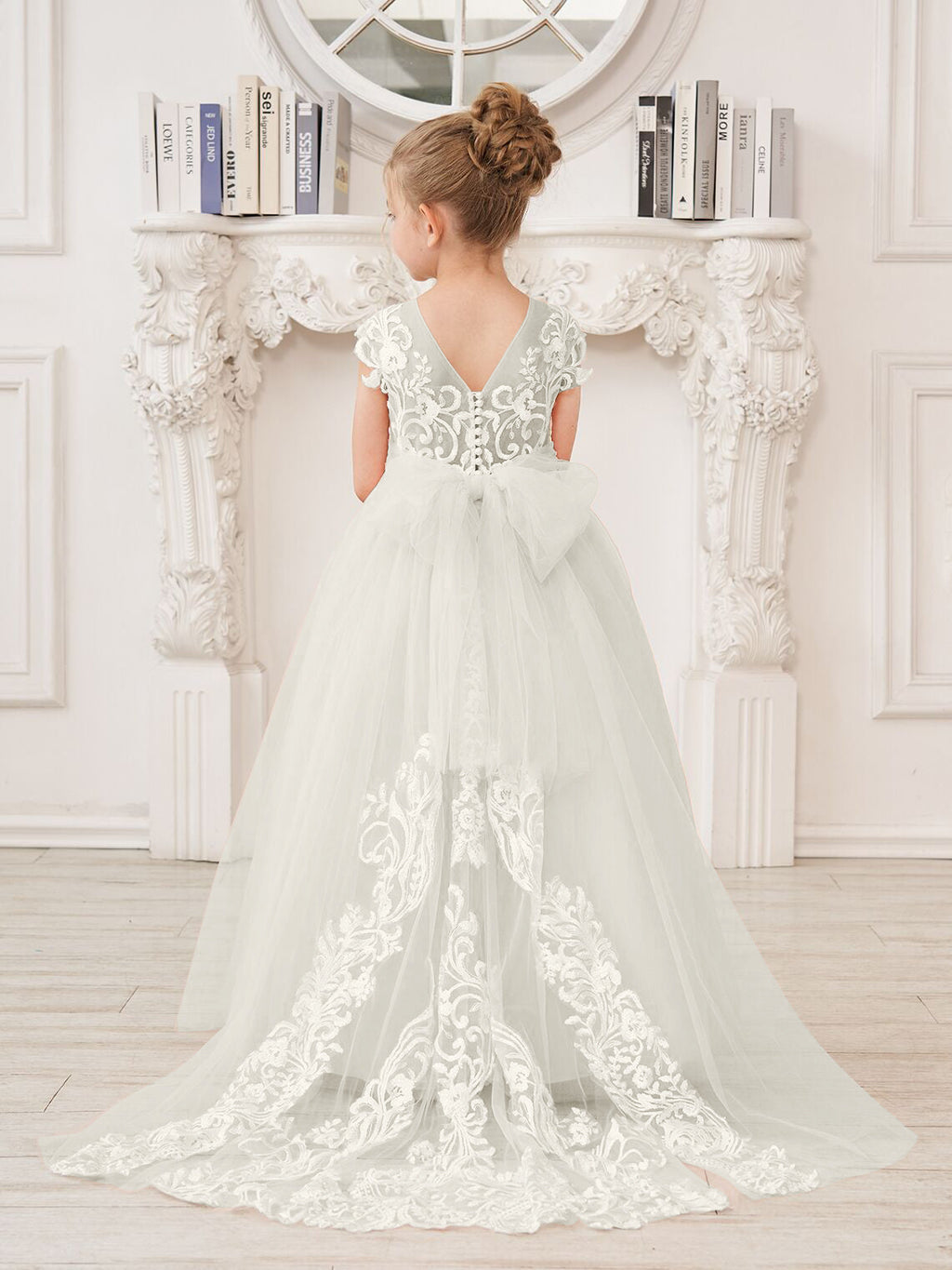 Vestido rosa de niña de las flores, corte en A, encaje, tul y cola corta 