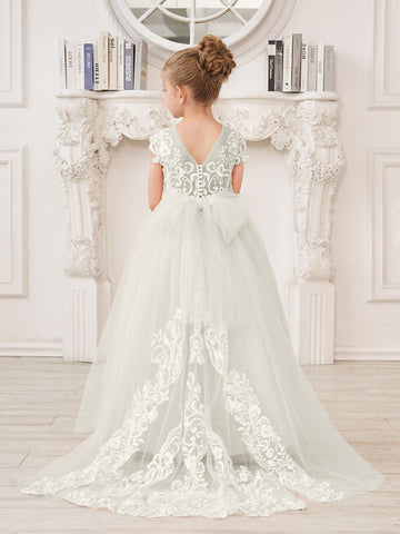 Vestido rosa de niña de las flores, corte en A, encaje, tul y cola corta 