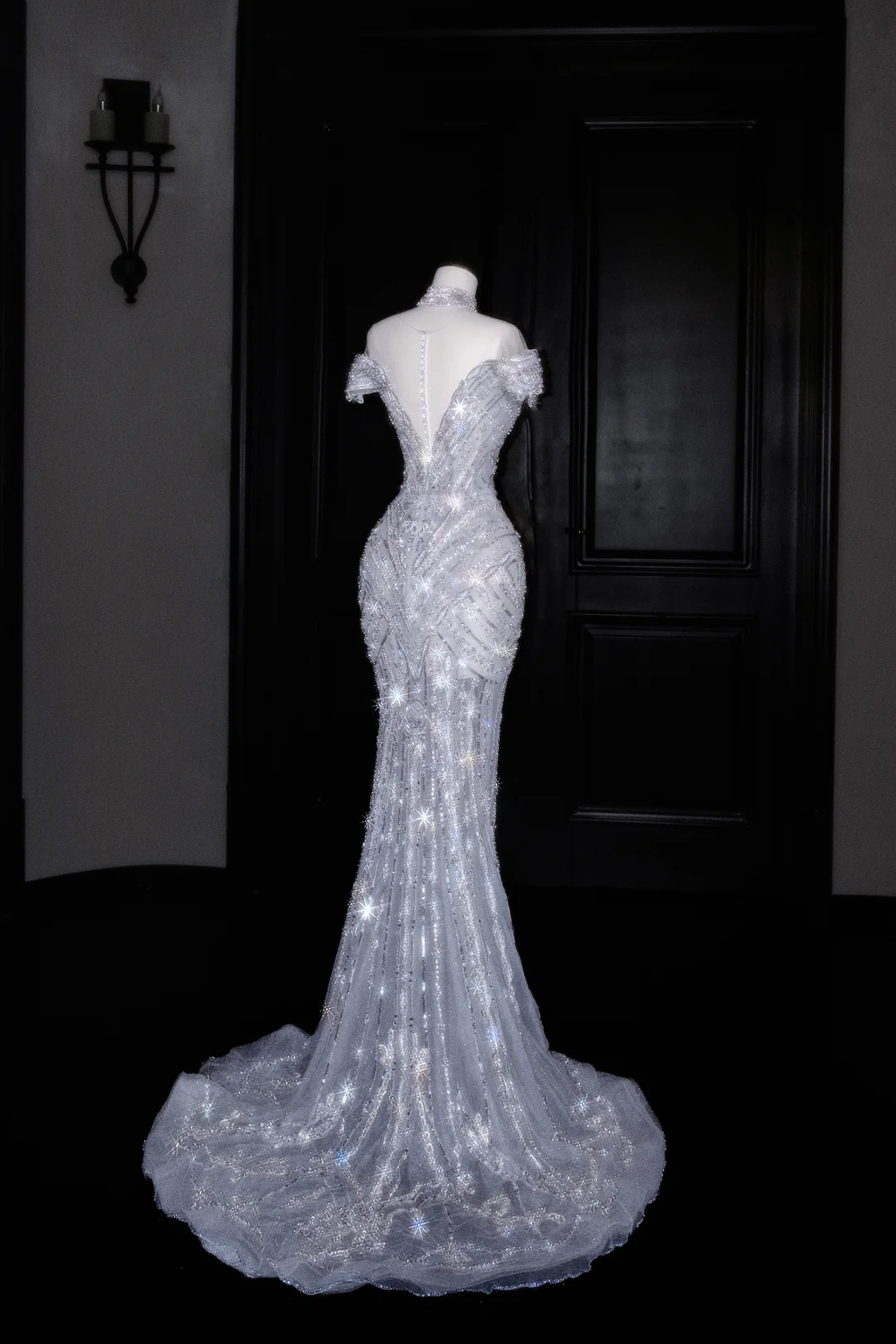 Robe de soirée sirène en tulle à paillettes et perles, épaules dénudées, style Y8685