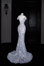 Robe de soirée sirène en tulle à paillettes et perles, épaules dénudées, style Y8685