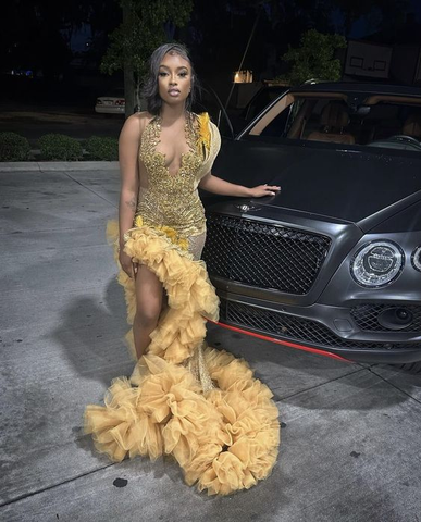 Vestido de fiesta de lujo con cuentas doradas para niñas negras, vestido de noche formal de sirena con cristales, vestido de noche con abertura lateral Y6624