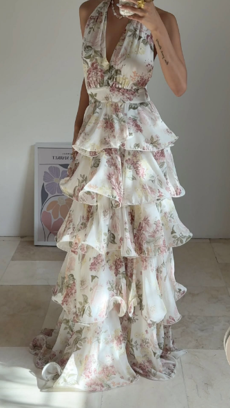 Vestido de fiesta glamuroso de gasa con estampado floral, corte en A, espalda descubierta, escote en V, cuello halter y capas, modelo Y8501