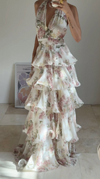 Vestido de fiesta glamuroso de gasa con estampado floral, corte en A, espalda descubierta, escote en V, cuello halter y capas, modelo Y8501
