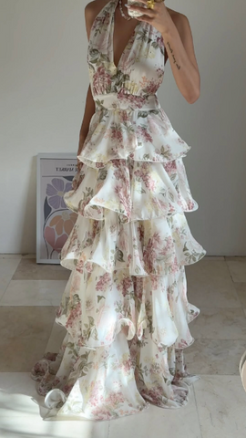 Glamorous Chiffon Print Floral A Line Backless Prom Dress V Neck Halter Layered Evening Dress Y8501