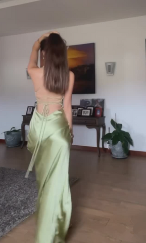 Simple Green Spaghetti Straps High Slit A Line Evening Dress Backless Prom Dress Y8433