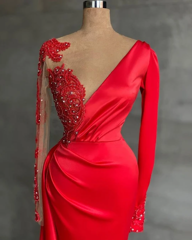 Long Red Satin Evening Dresses Sheer Neckline Long Sleeve Beaded African High Slit Women Formal Prom Dress S24678
