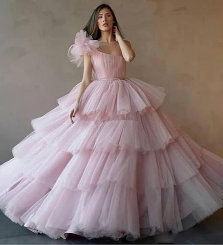 Vestido de baile rosa de tul con volantes y corte en A, vestido rosa para quinceañera Y6957