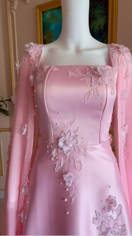 Luxury Pink Satin Long A Line Evening Dress Pretty Appliques Prom Dress Y7591