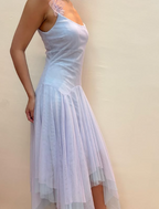Vestido de fiesta de corte A de tul lila con tirantes y flores Y8143