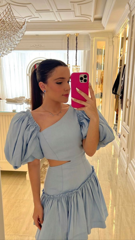 Blue Irregular Neckline Homecoming Dress with Puff Sleeves Y2532